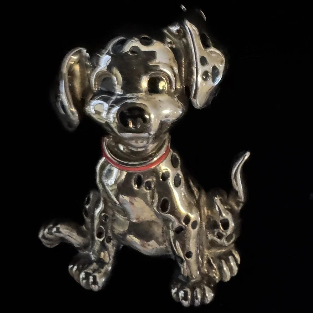 Disney 101 Dalmatians Puppy Bobblehead Brooch Silver Tone Red Collar Vintage Pin